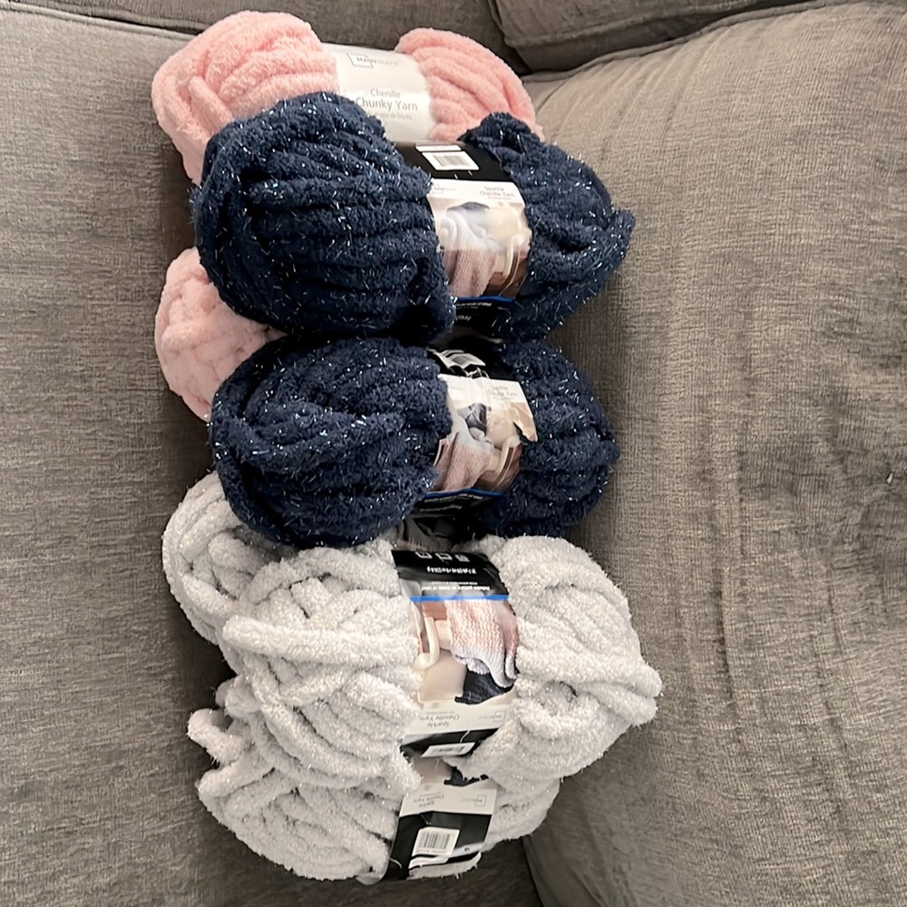 Mainstays Chunky Chenille Yarn, 31.7 yd ( 3 gray ones, 2 blue ones, 2 pink ones)